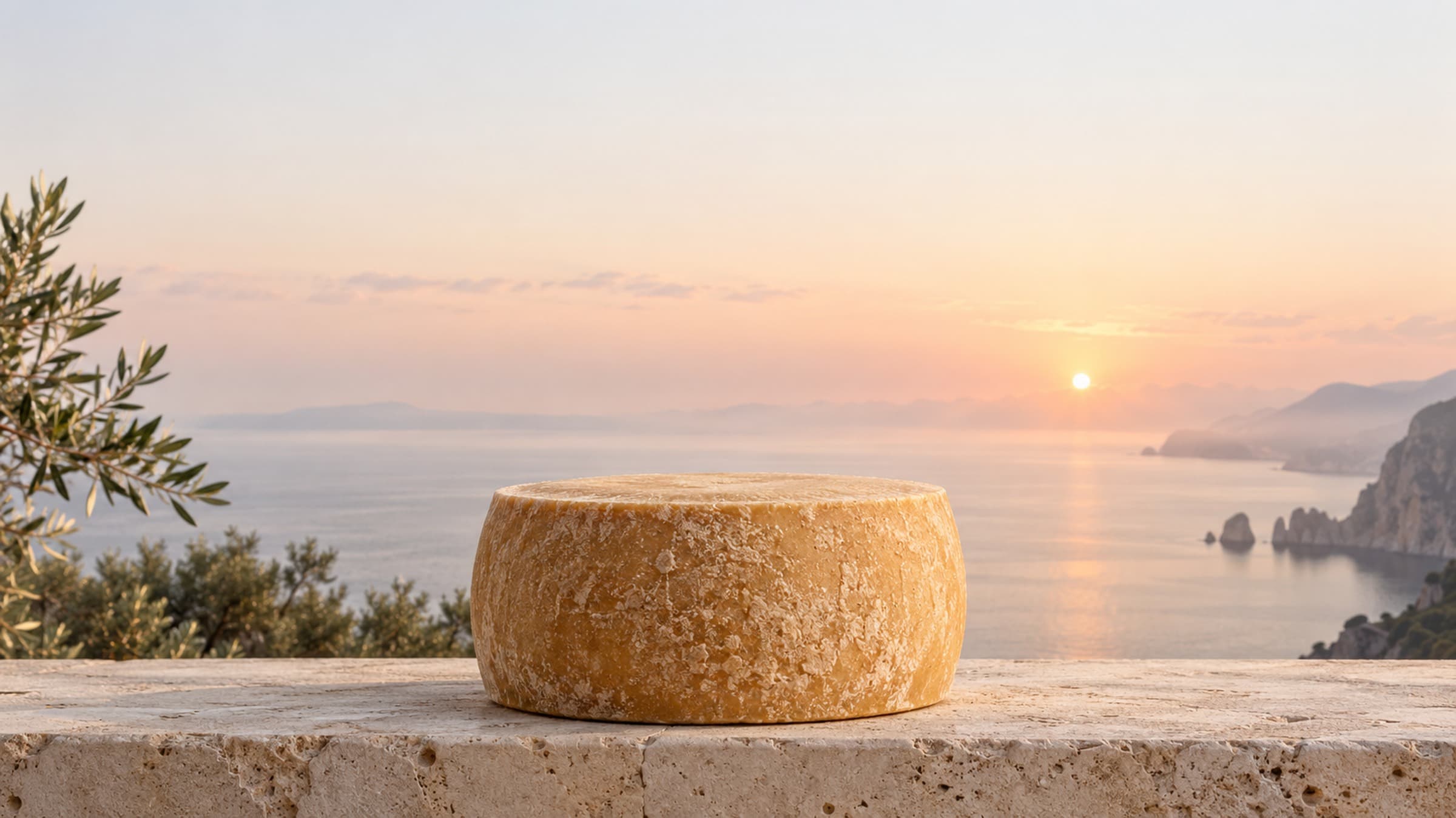 Aged Italian hard cheese on pale travertine with a misty dawn horizon
