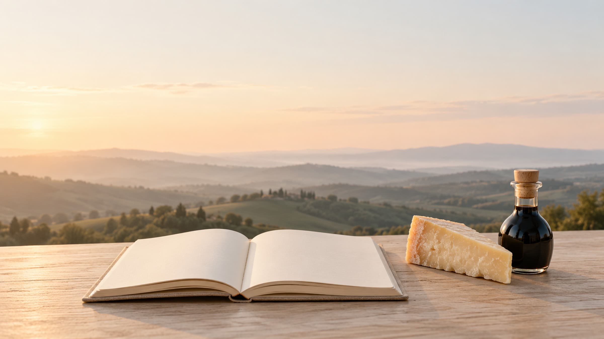 Open notebook with cheese wedge and balsamic bottle on a pale oak table
