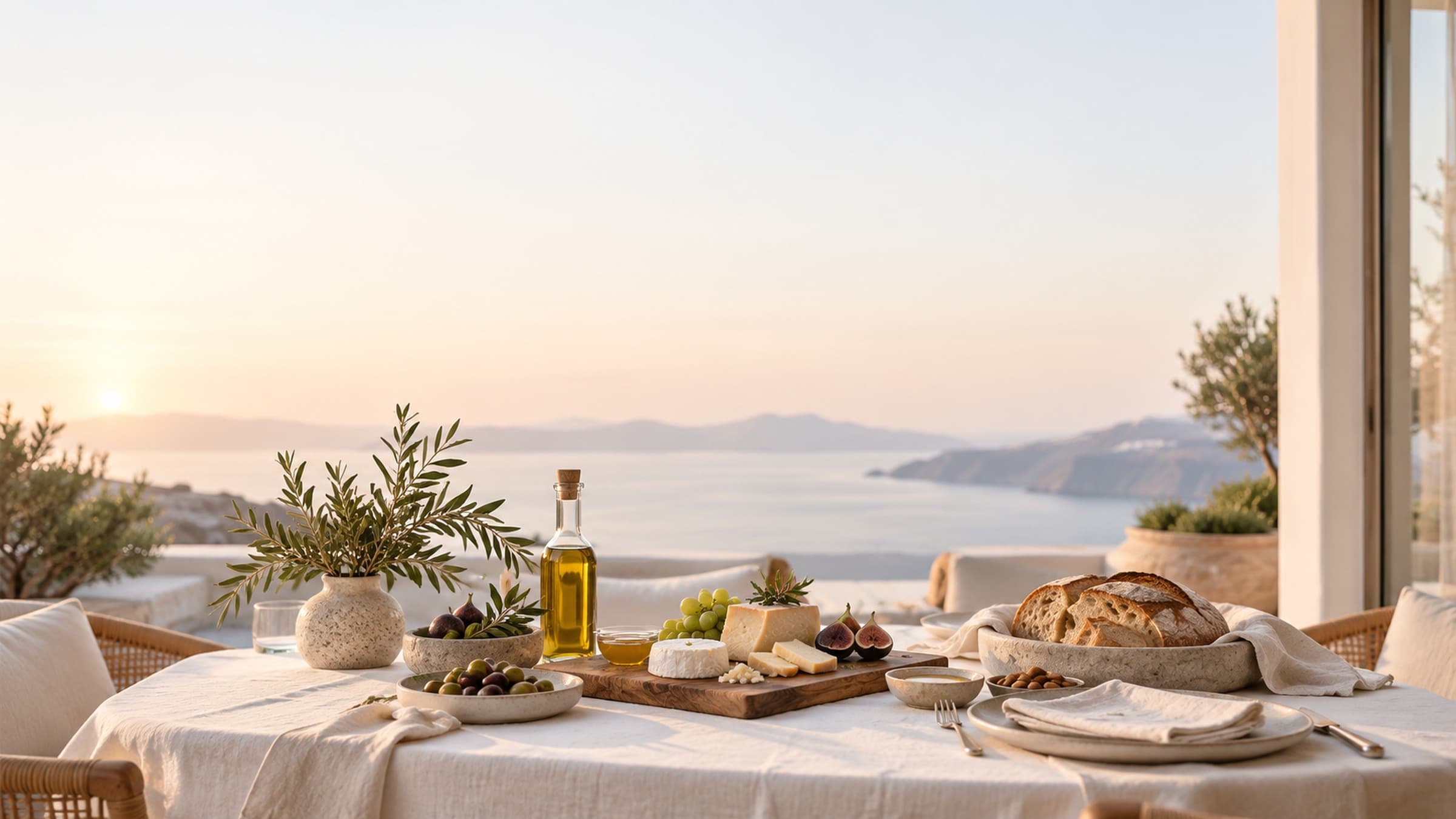 Hotel breakfast table with cheese board, olive oil and bread by pale morning windows