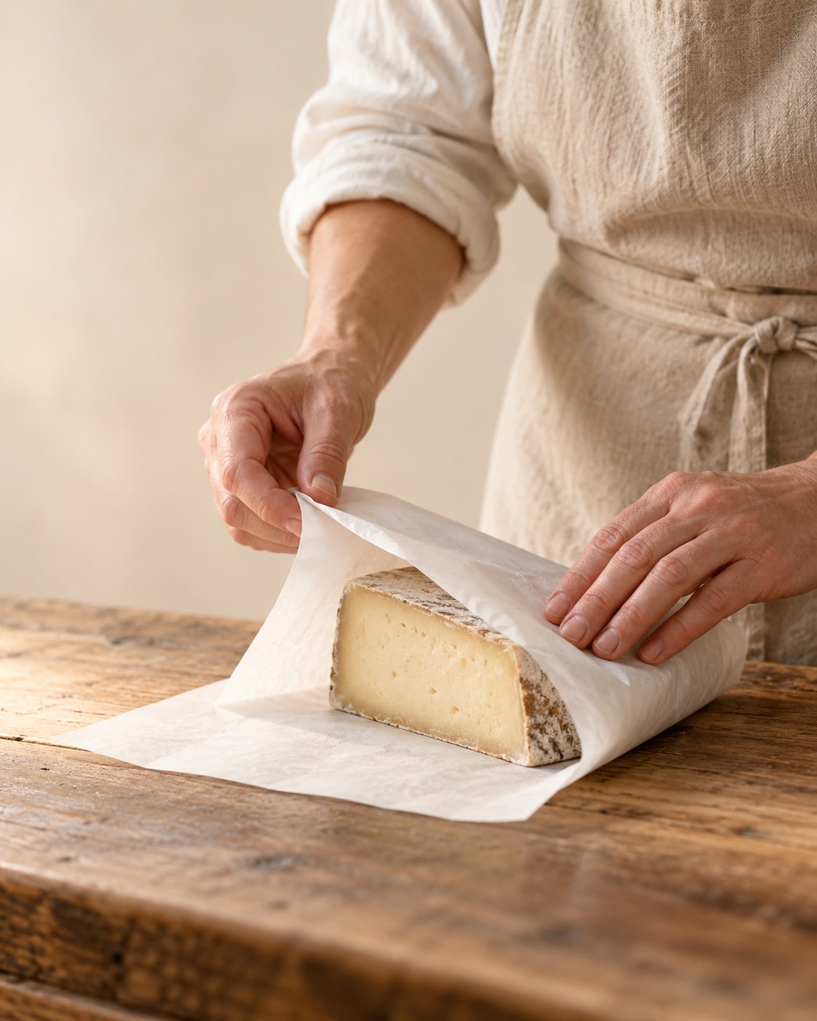 Cheesemaker's hands wrapping a wedge of cheese on a wooden counter
