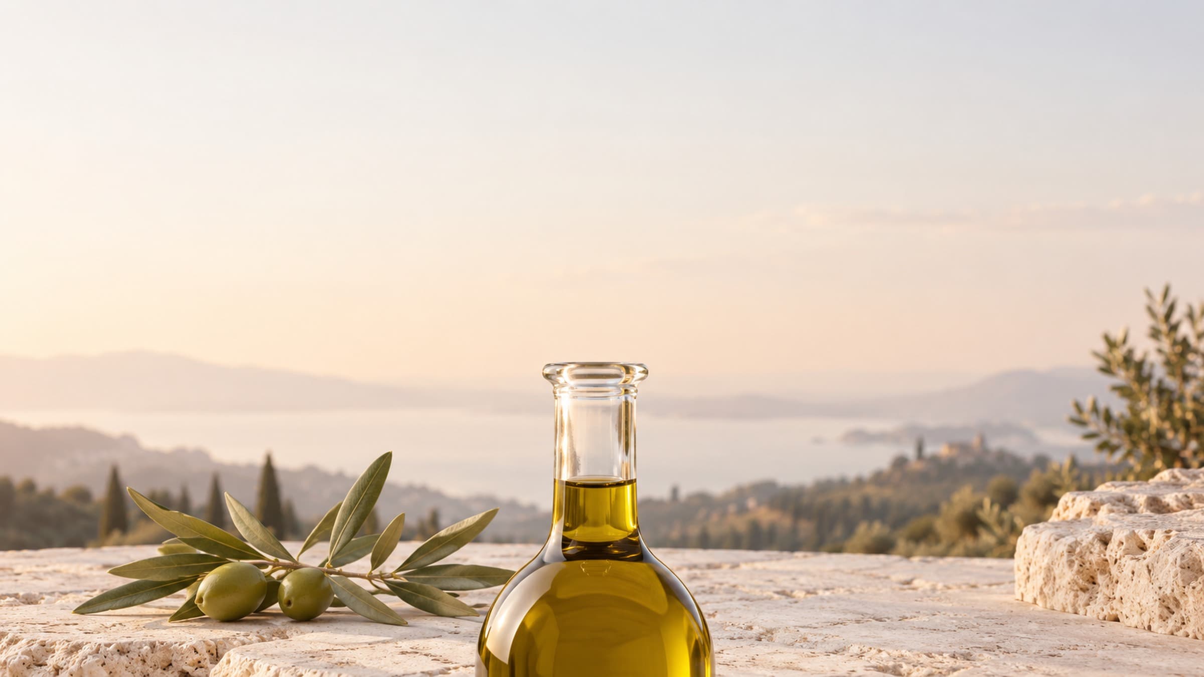 Extra virgin olive oil bottle neck on pale travertine